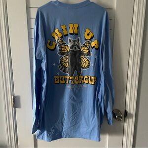 Simply Southern Blue Long Sleeve Tshirt Racoon Chin Up Buttercup New with Tags